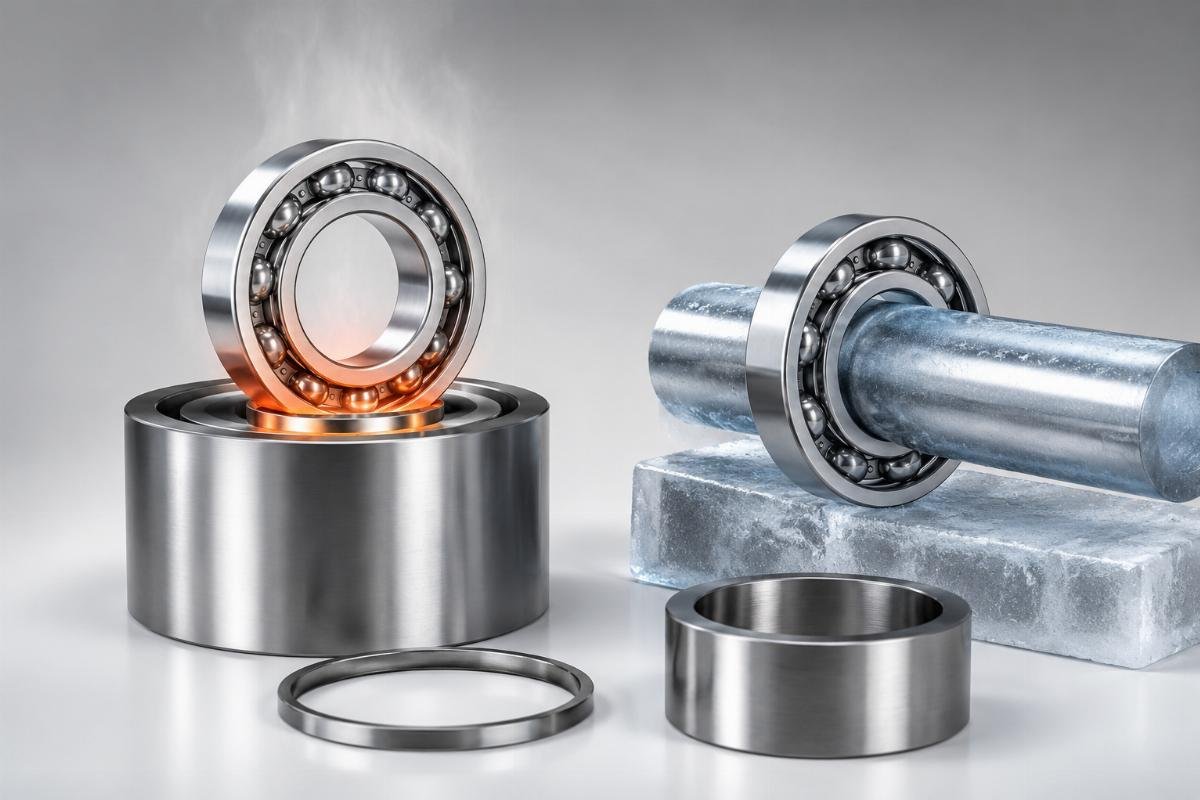 Induction heat mounting and cold mounting of bearing rings compared on a shaft seat