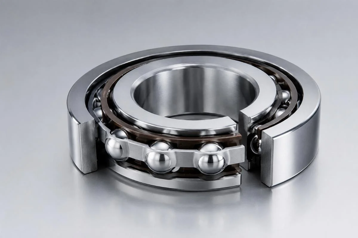 Cutaway of a precision ball bearing showing clearance and ball path